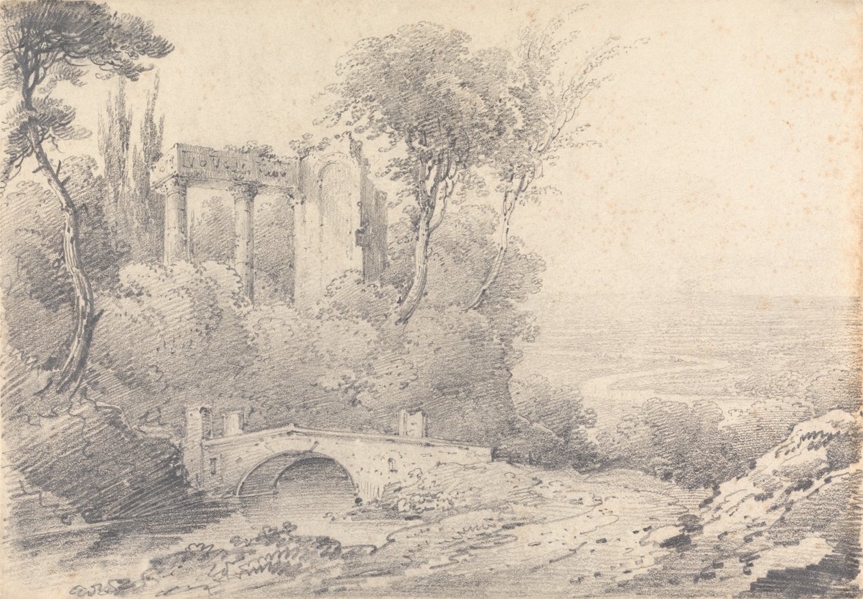 Paisaje con ruinas y puente de Henry William Burgess