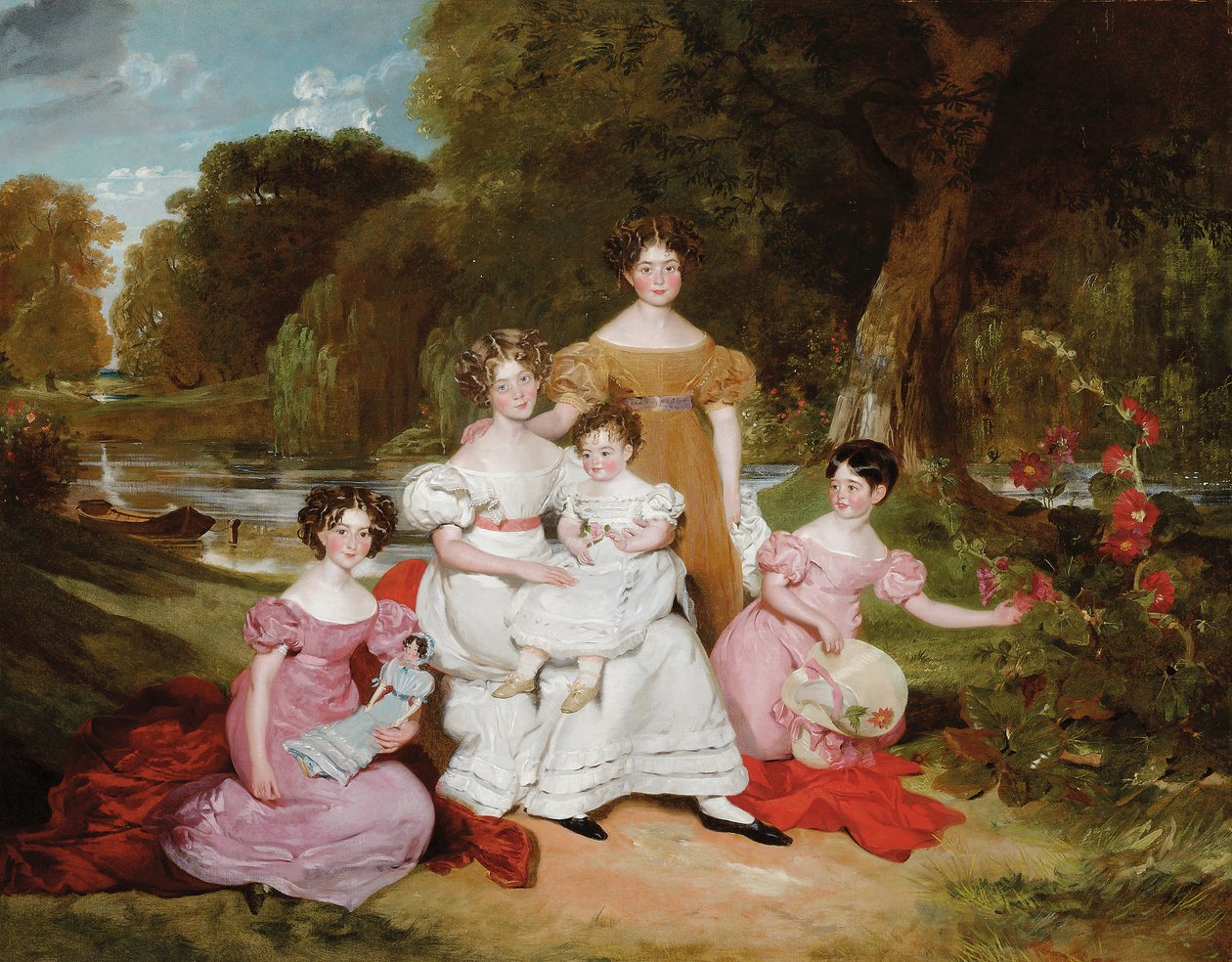 Retrato de grupo de la familia Ward Hunt en un paisaje ante un río de Henry Wyatt