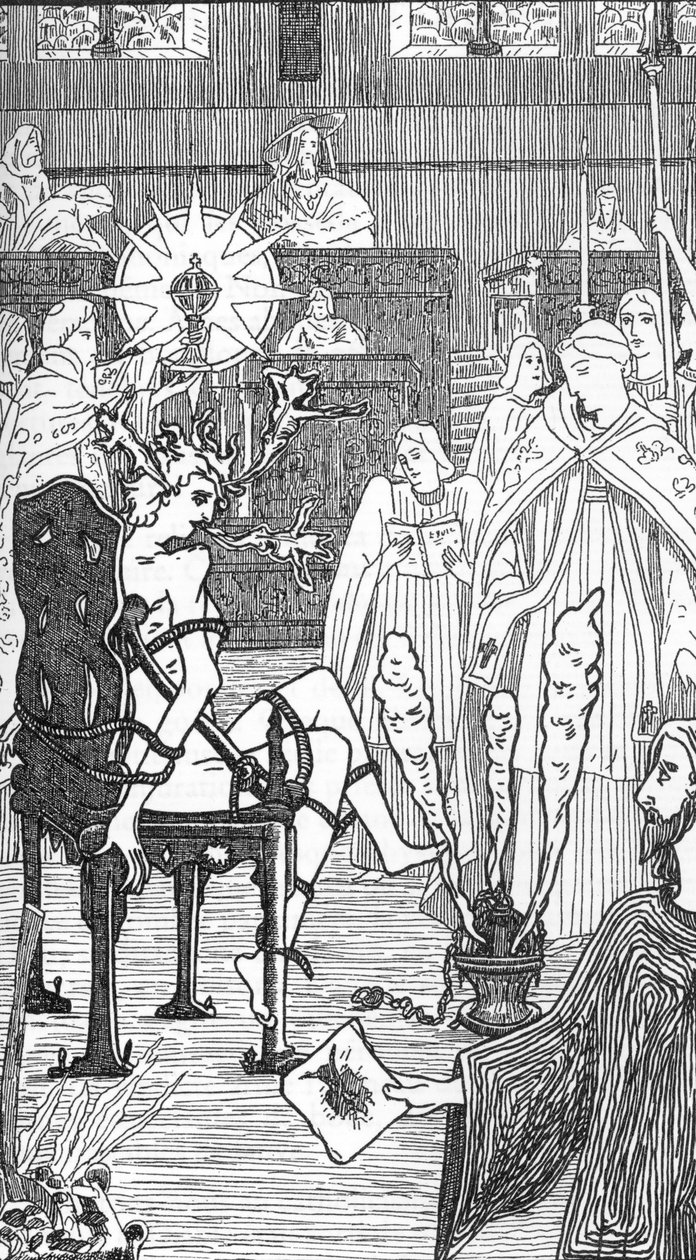 Representación de una ceremonia de exorcismo Dibujo de Henry de Malvost extraído de "Satanismo y magia" de Jules Bois 1895 Colección particular de Henry de Malvost