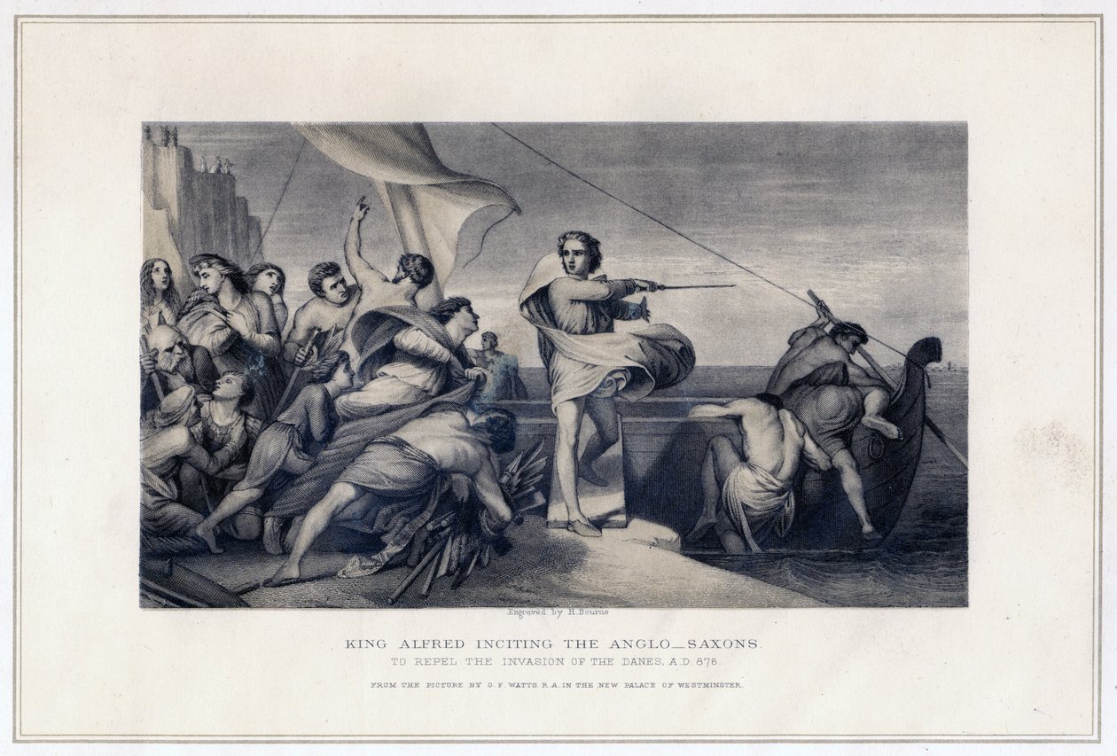 El rey Alfredo incitando a los anglosajones a repeler la invasión de los daneses, 896, c. 1847 de Herbert Bourne