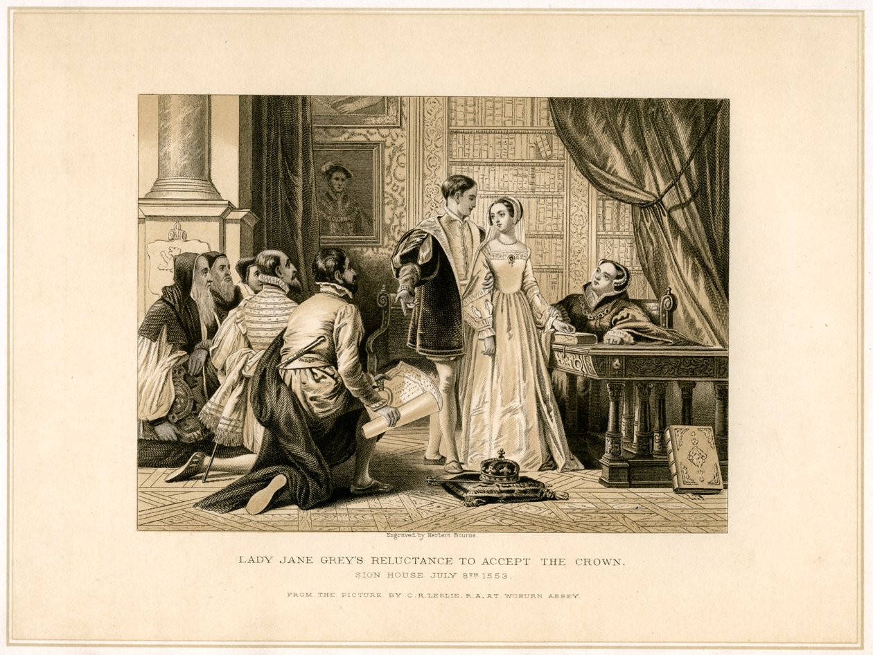 La reluctancia de Lady Jane Grey a aceptar la corona, siglo XIX de Herbert Bourne