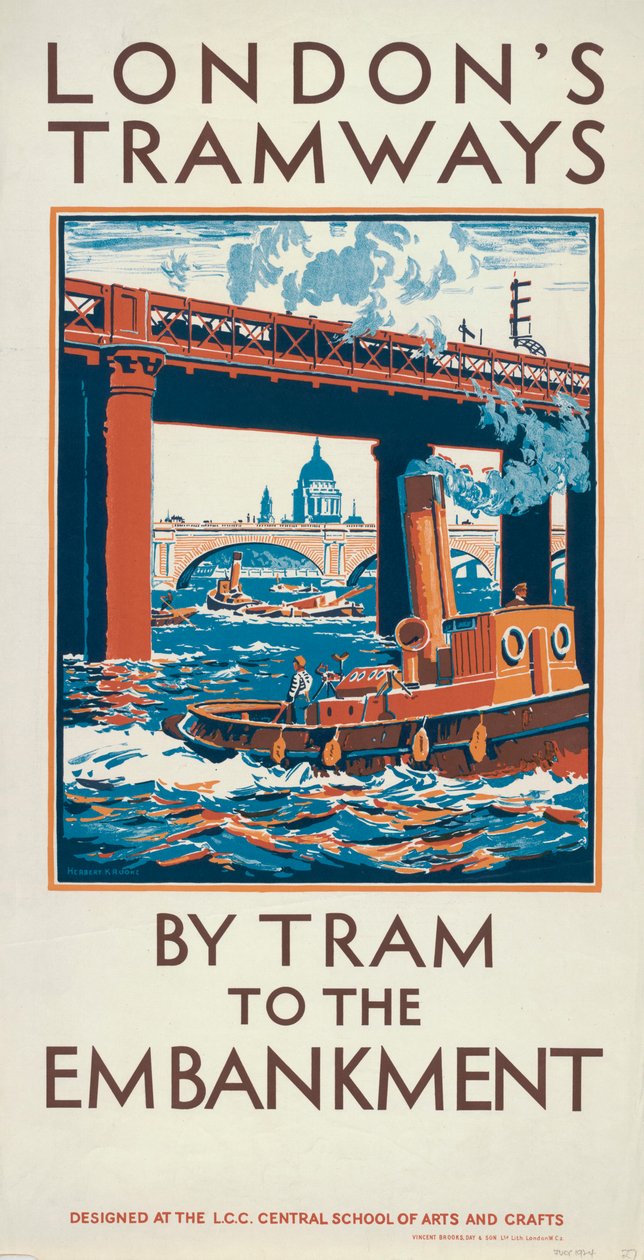 En tranvía al Embankment, cartel de tranvías del Consejo del Condado de Londres de Herbert Kerr Rooke