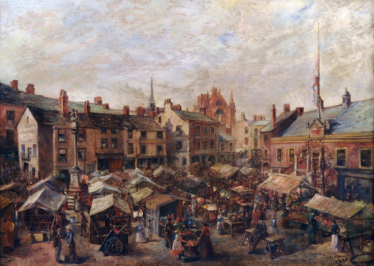 Plaza del mercado de Carlisle frente al antiguo ayuntamiento de Herbert Lees