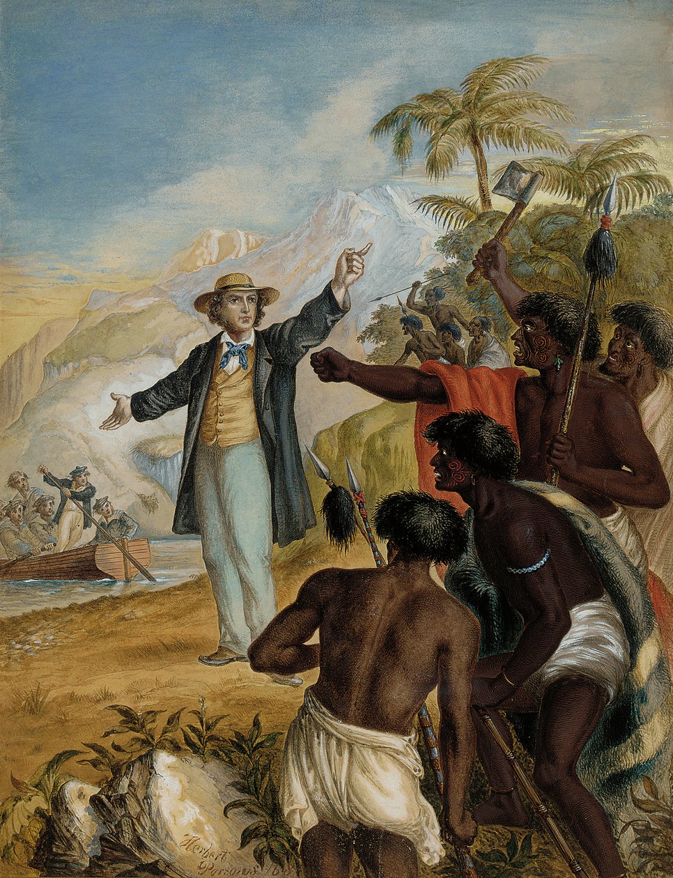 Un misionero escocés desembarcando confrontado por maoríes en guerra, 1868 de Herbert Parsons