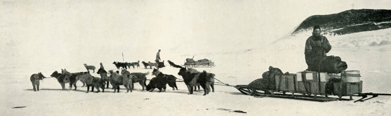 Meares y Demetri con sus equipos de perros saliendo de Hut Point, c1911, 1913 de Herbert Ponting