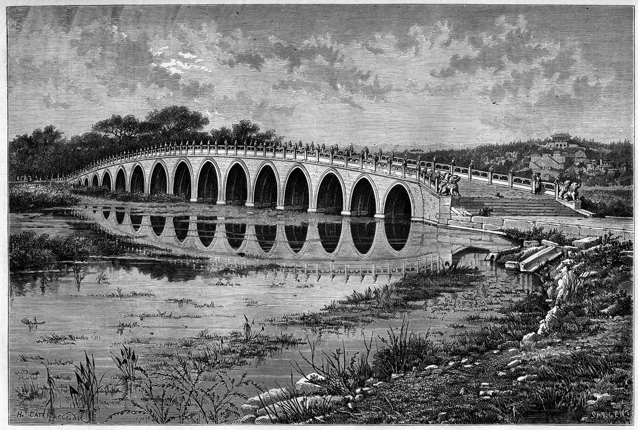 Puente con 17 arcos en el Lago Kunming en el Palacio de Ete cerca de Pekín en el siglo XIX. Grabado según un dibujo de Catenacci, según una fotografía de Thomson, en “Le Tour du Monde, Nouveau journal des Voyages”, editado por Edouard Charton, París de Hercule (after) Catenacci