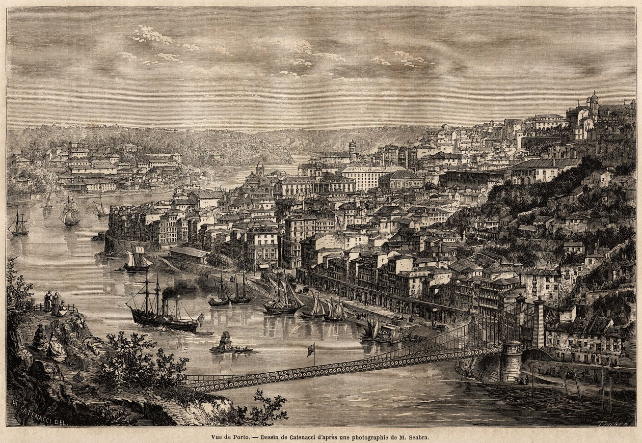 Vista de Oporto, dibujo de Catenacci, para ilustrar el viaje de Olivier Merson a las provincias del norte de Portugal en 1857. Grabado en "Le tour du monde" 1861. Colección de Selva de Hercule (after) Catenacci