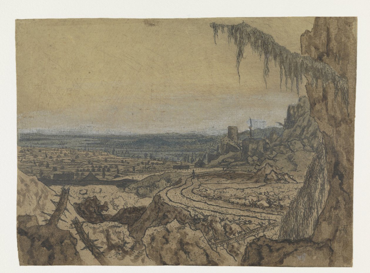 Vista lejana con una carretera y ramas cubiertas de musgo de Hercules Segers