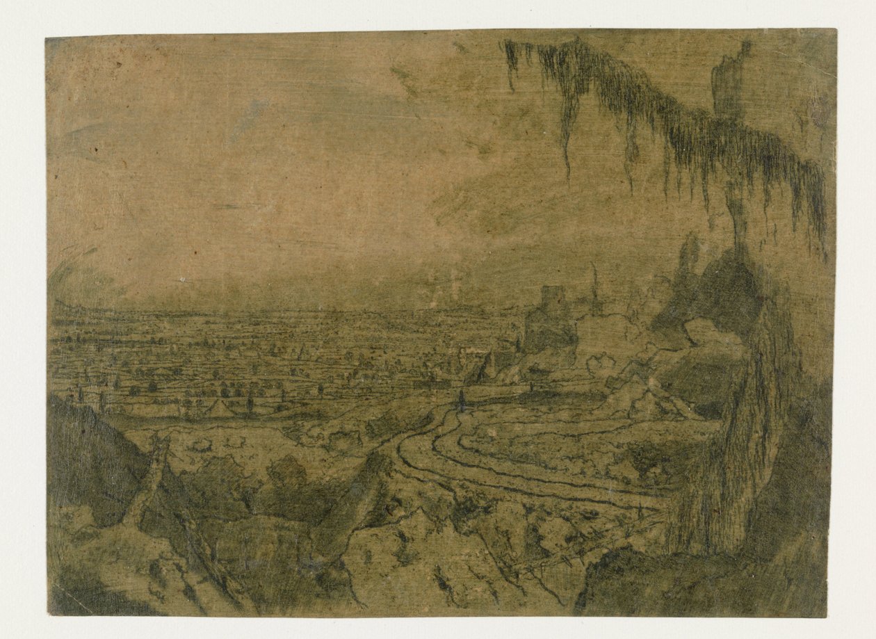 Vista lejana con una carretera y ramas cubiertas de musgo de Hercules Segers