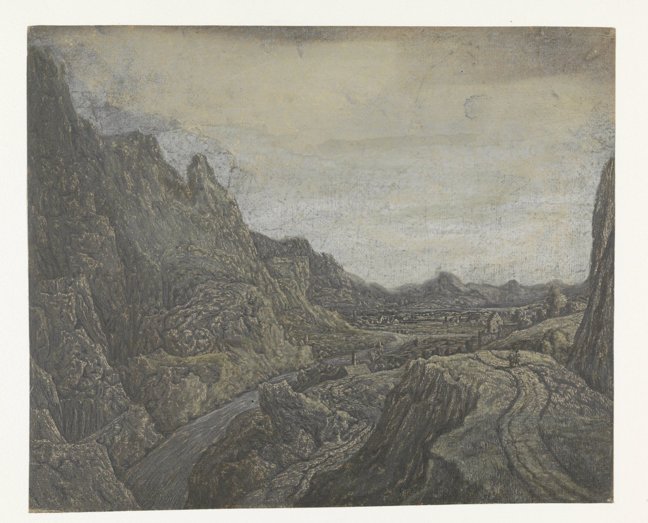 Paisaje rocoso con una carretera y un río de Hercules Segers