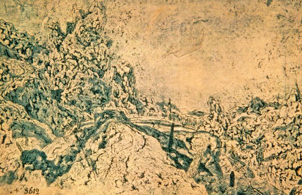 Paisaje rocoso con torre a lo lejos (tinta sobre papel) de Hercules Seghers