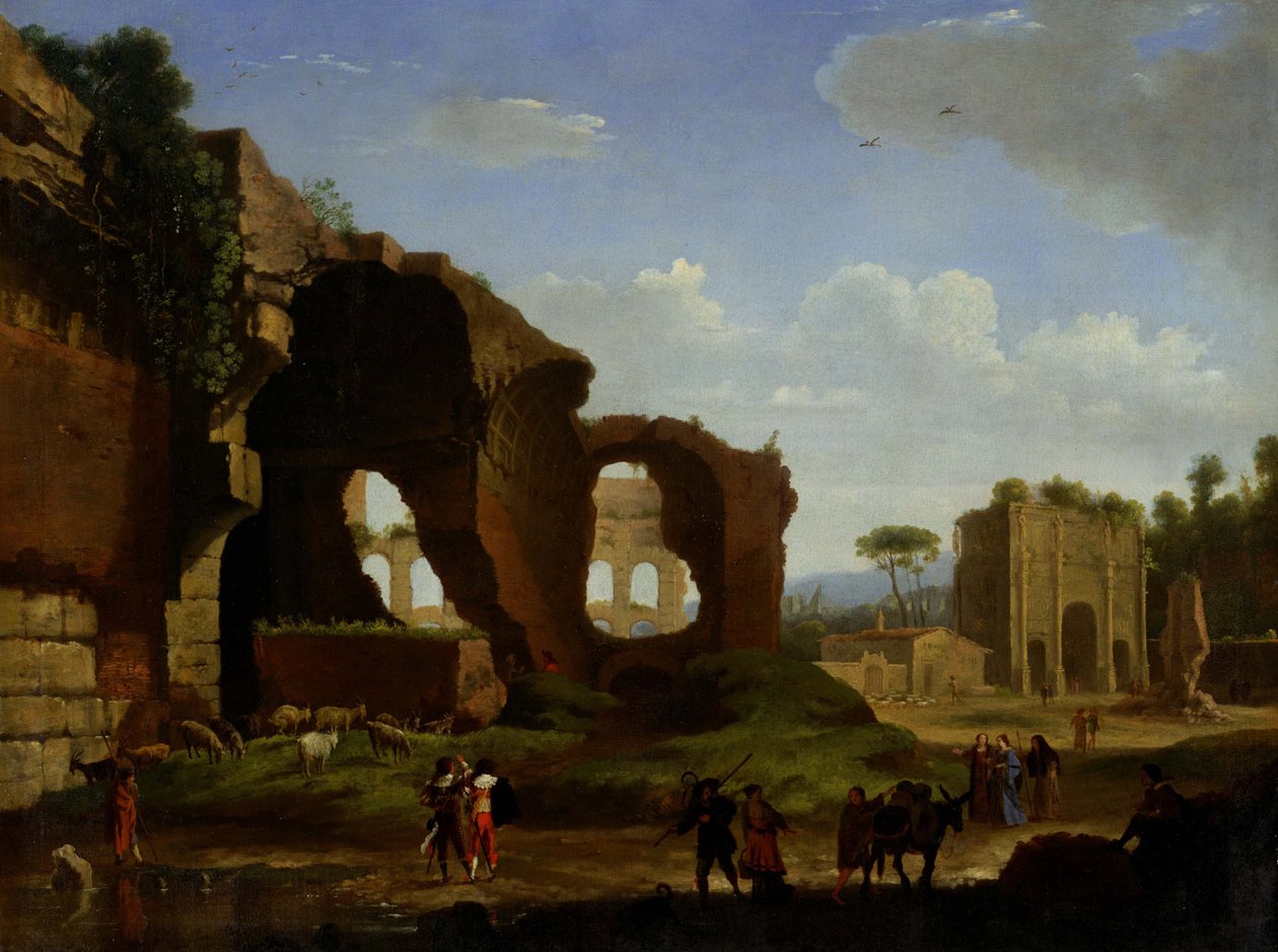 Vista romana de las ruinas del Templo de Venus y Roma con el Coliseo y el Arco de Constantino de Herman van Swanevelt