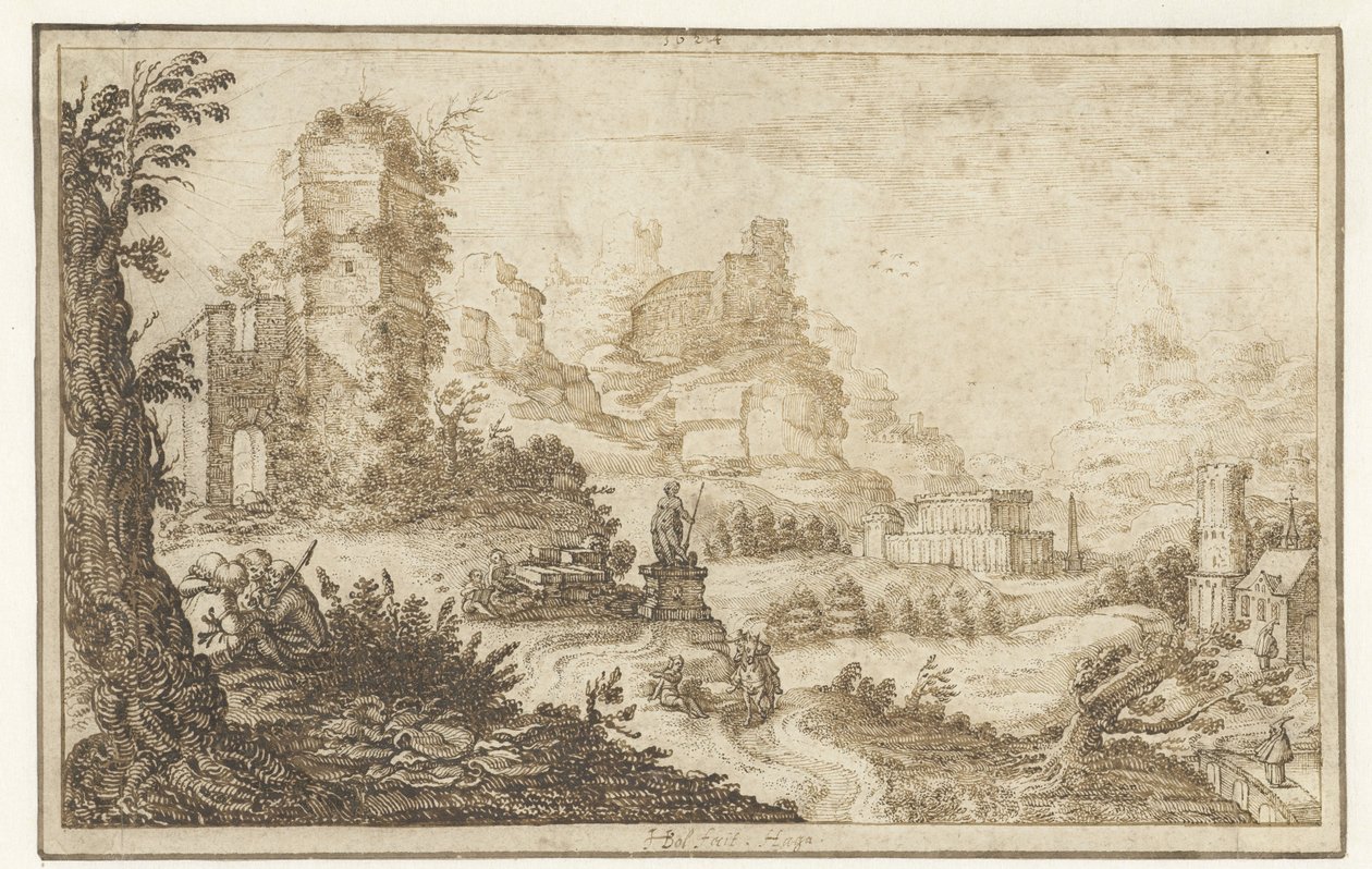 Paisaje con ruinas y una estatua de Herman Breckerveld