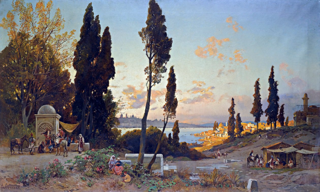 Vue du Bosphore a Constantinopla - Pintura de Hermann David Salomon Corrodi (1844-1905), orientalismo - Vistas al Bósforo, Constantinopla - Óleo sobre lienzo de Hermann David Salomon Corrodi (1844-1905) - 100x166,5 cm - Colección privada de Herman David Salomon Corrodi