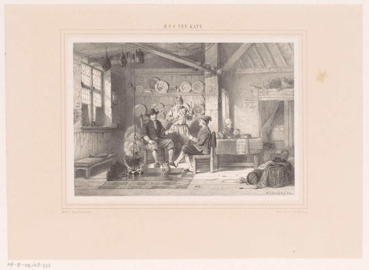Interior con tres hombres junto a una chimenea. de Herman Frederik Carel ten Kate