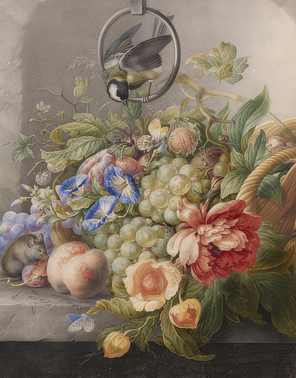 Naturaleza muerta con flores, frutas, un carbonero y un ratón. Alrededor de 1700-10 de Herman Henstenburgh