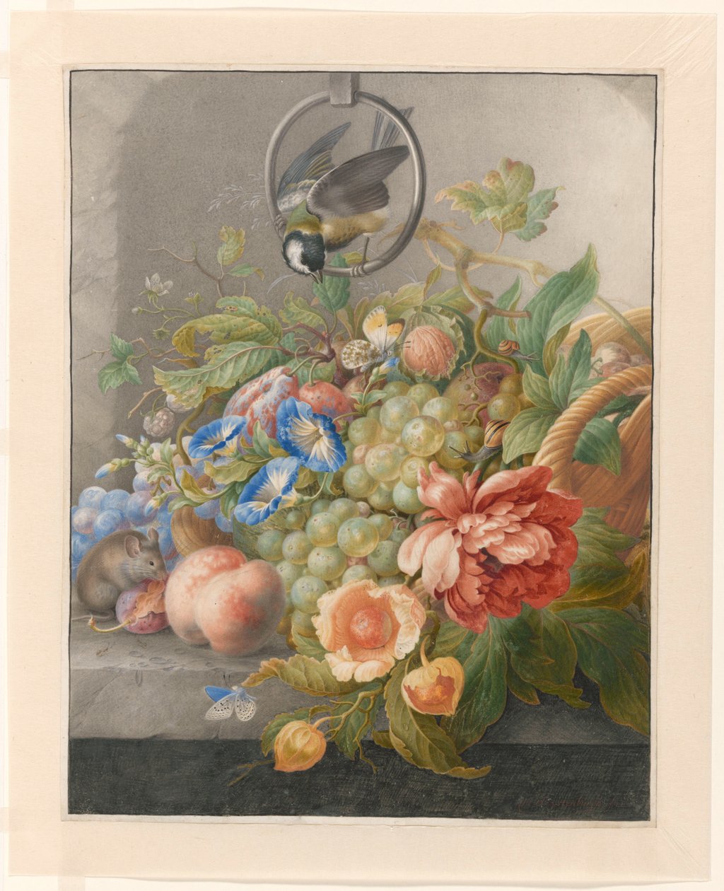 Bodegón con flores, frutas, un herrerillo y un ratón
Naturaleza muerta con flores, fruta, un herrerillo y un ratón de Herman Henstenburgh