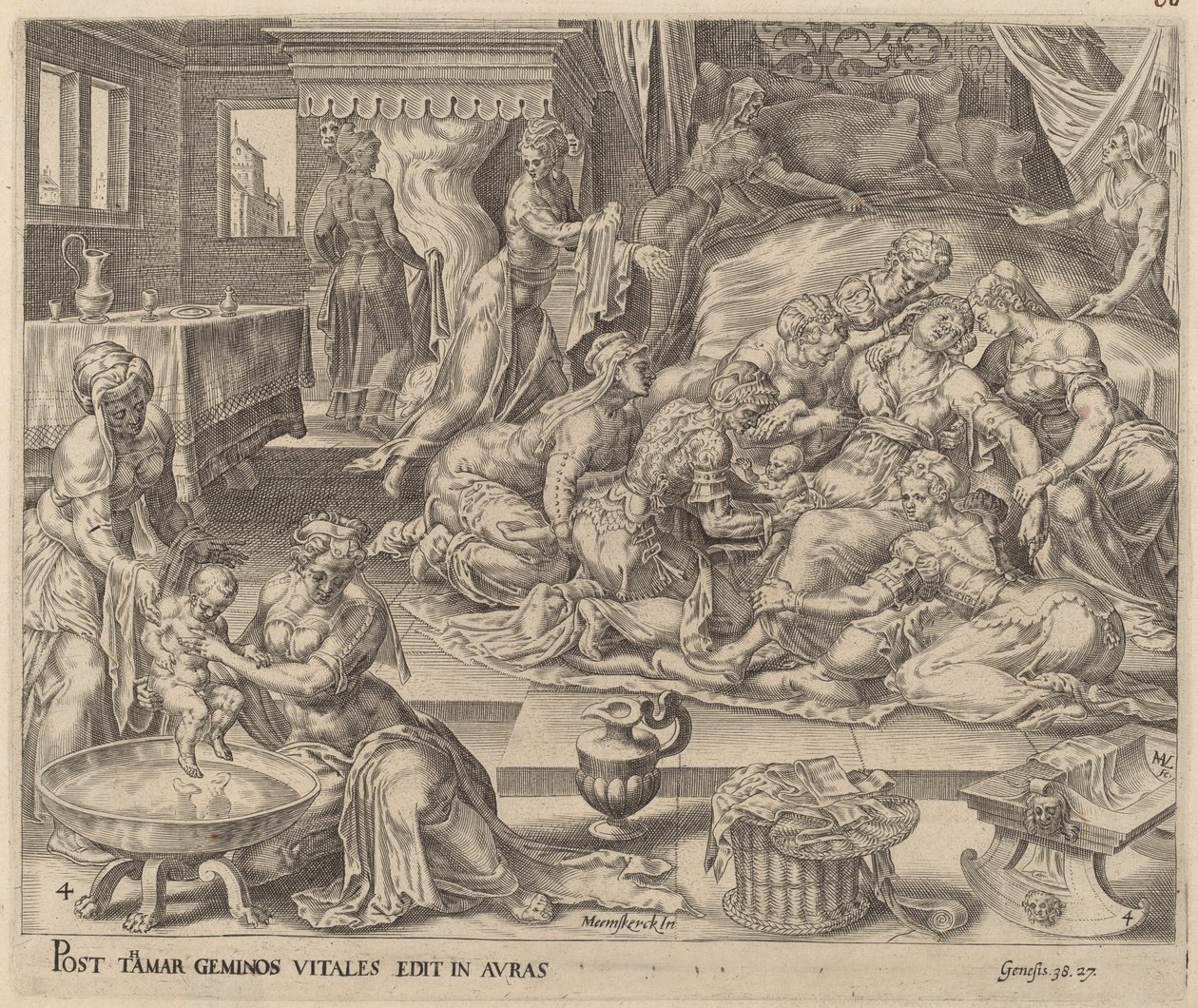 Nacimiento de Fares y Zara de Herman Jansz Muller after Maerten van Heemskerck