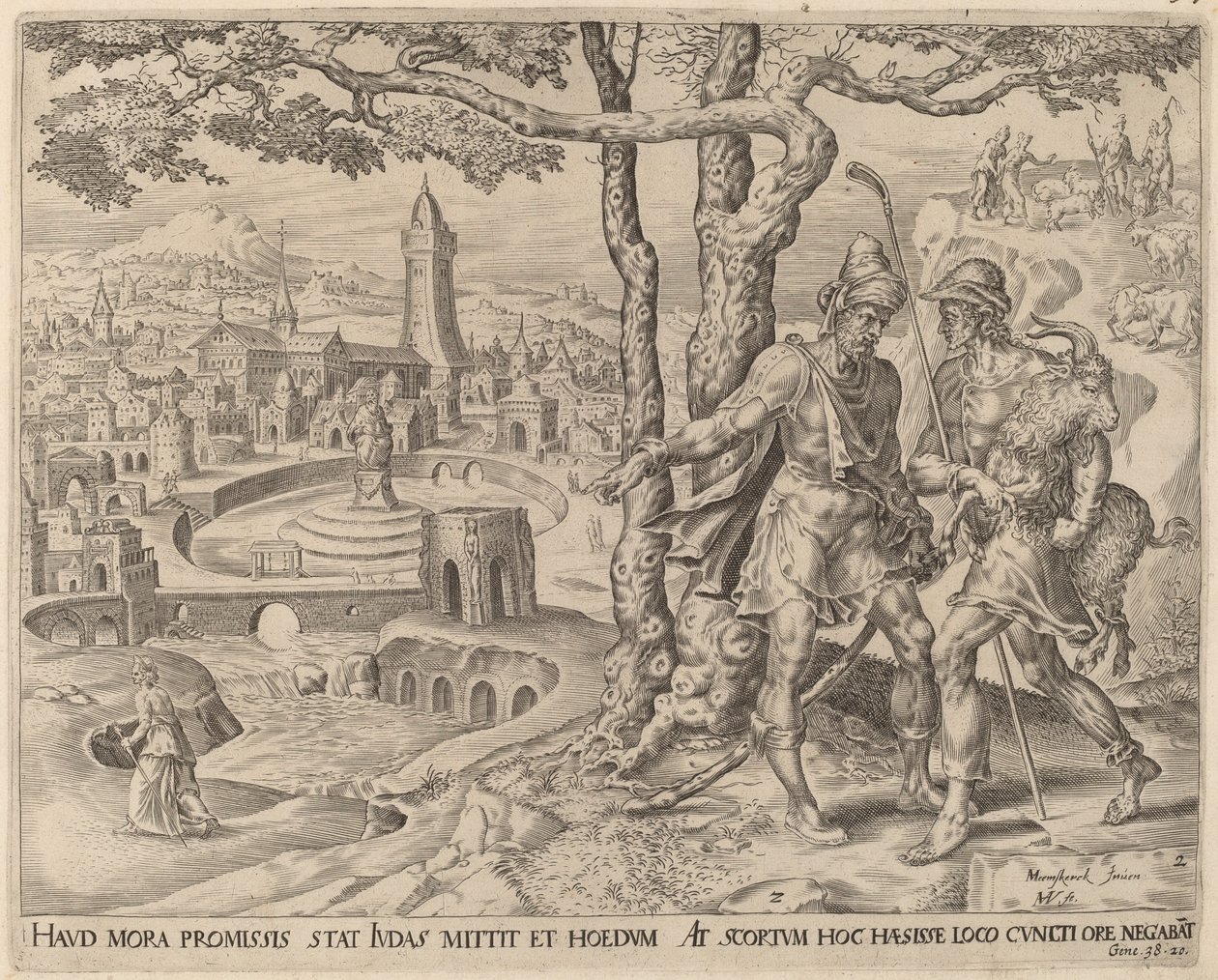 Hirah el adulamita con el cabrito de Herman Jansz Muller after Maerten van Heemskerck