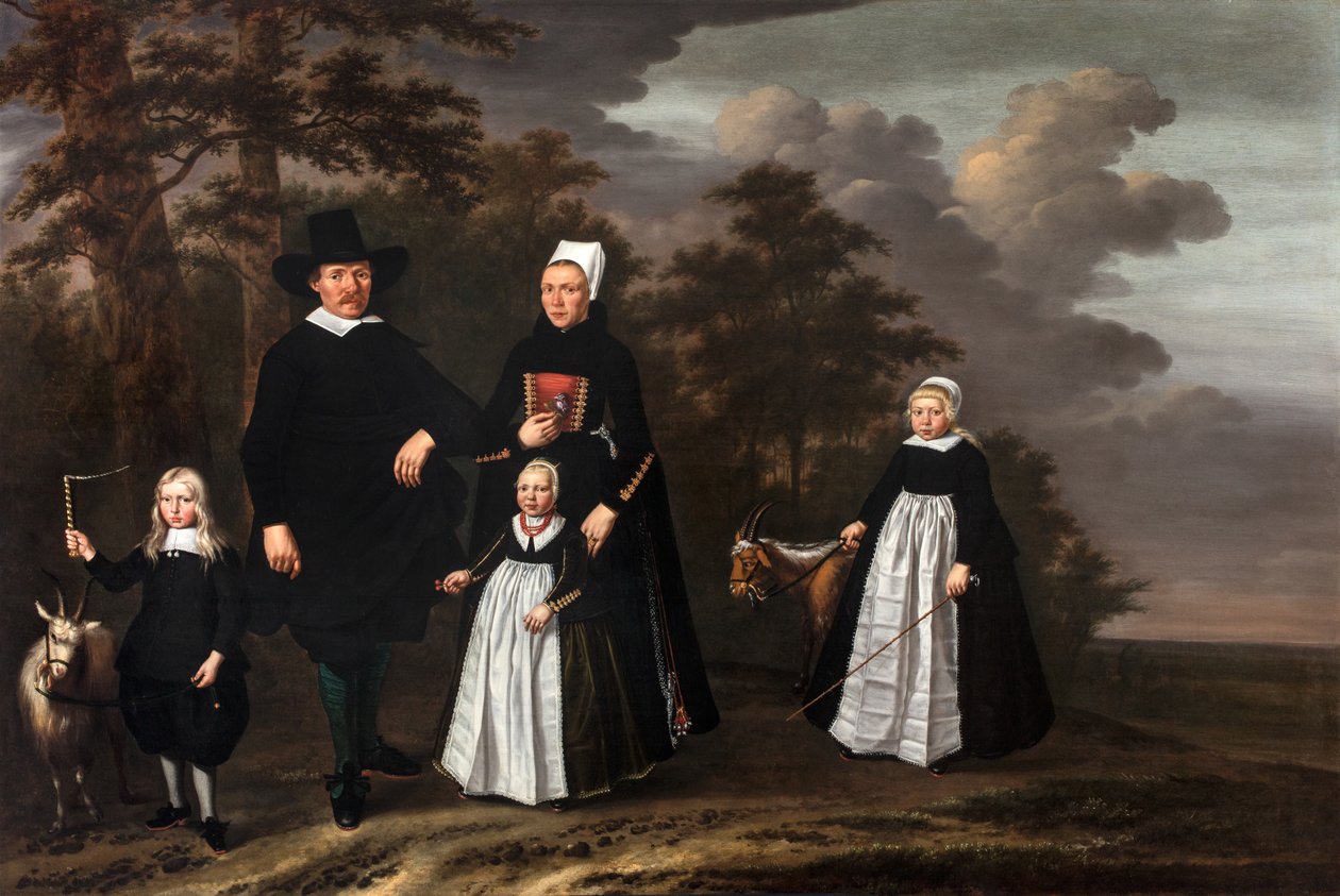 Un grupo familiar de Enkhuizen con dos cabras en un paisaje boscoso de Herman Mijnerts Doncker