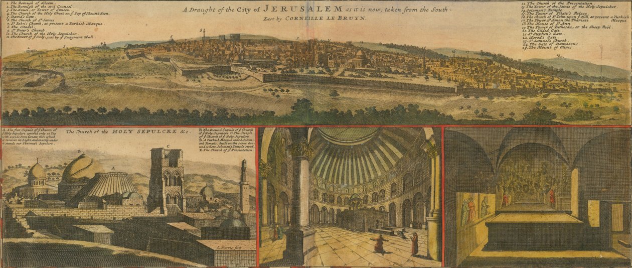 Vistas de Jerusalén en la década de 1730, detalle del mapa de Herman Moll de Herman Moll