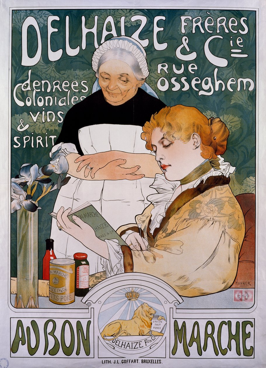 Dama y criada, cartel para la compañía Delhaize Freres et Cie au bon marché de Herman Richir