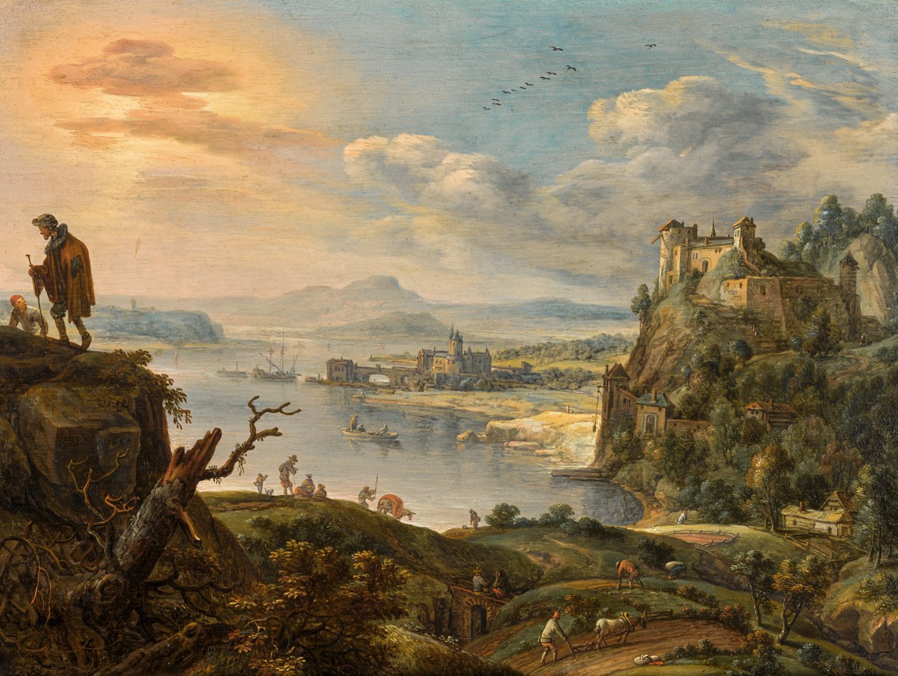 Un extenso paisaje de montaña con vistas a un valle fluvial de Herman Saftleven