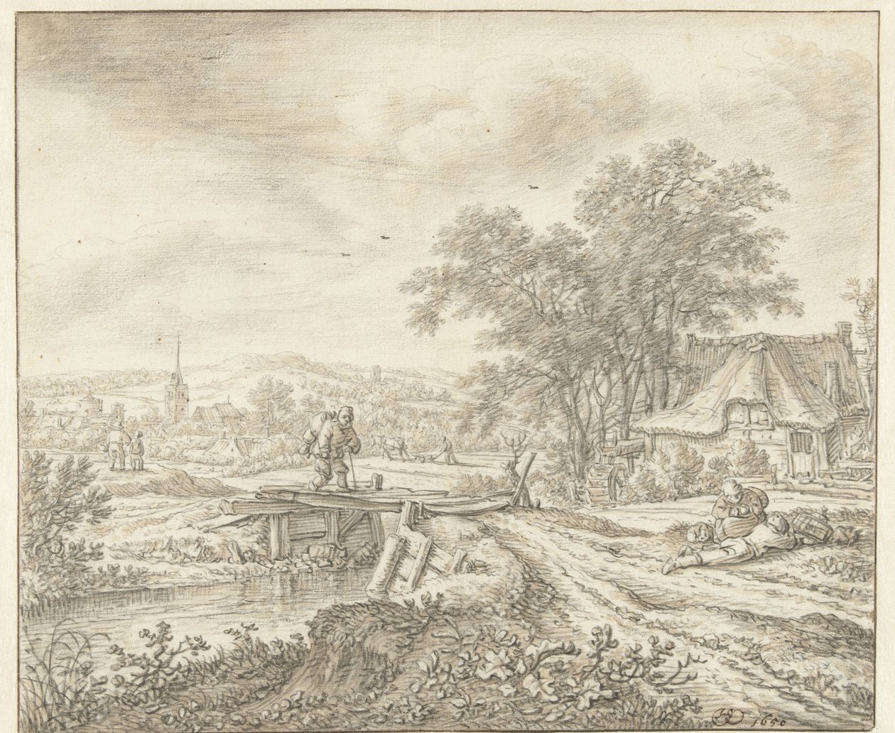 Paisaje de colinas con una granja cerca de un puente de Herman Saftleven