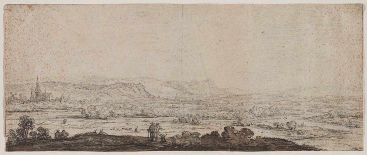Paisaje con el pueblo de Schenkenschanz, Gelderland, 1600s de Herman Saftleven