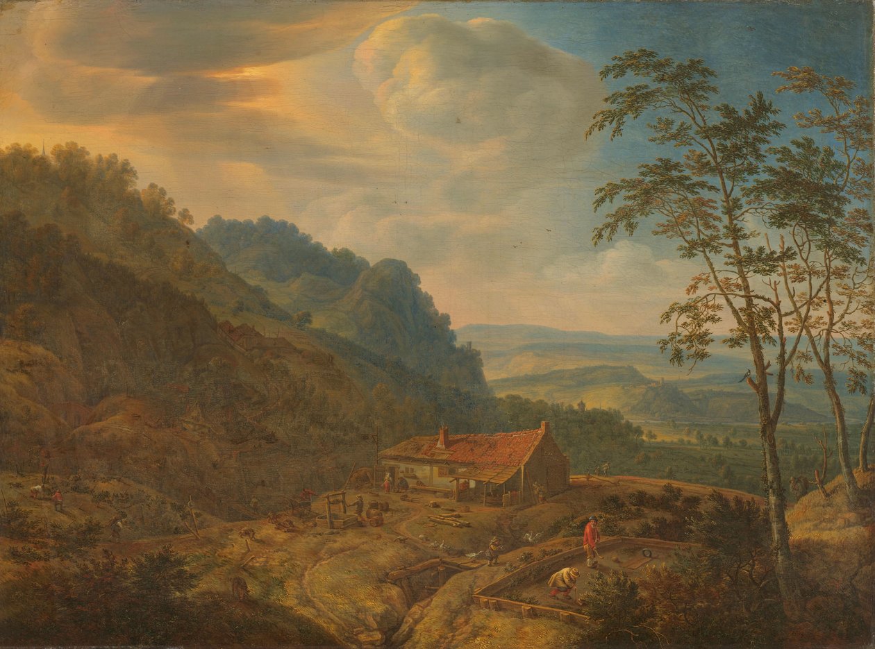 Paisaje montañoso con granja de Herman Saftleven