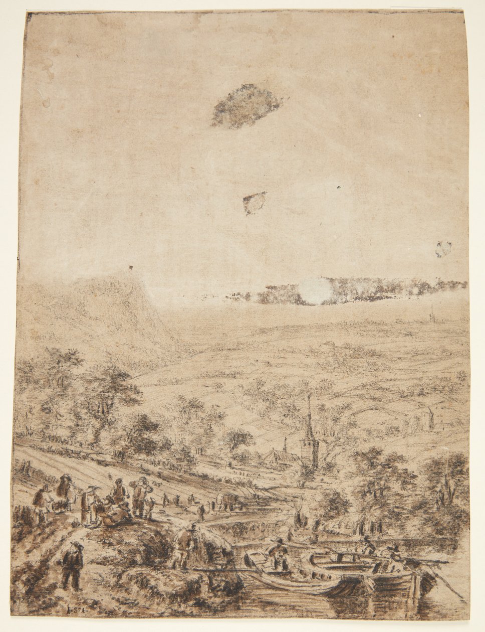Paisaje panorámico con campesinos, pescadores y una iglesia de pueblo de Herman Saftleven