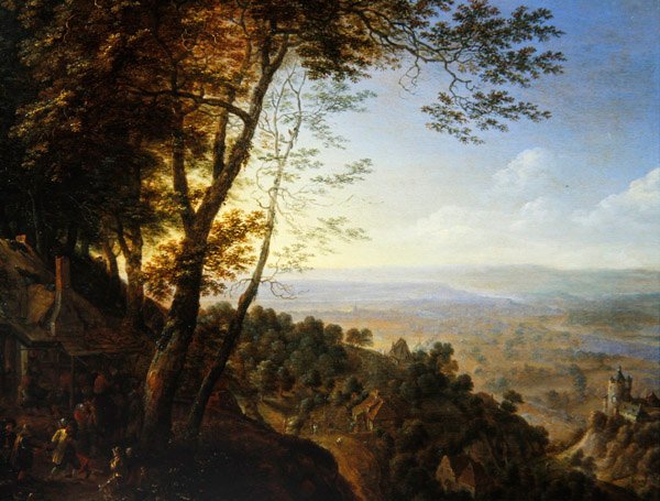 Un paisaje boscoso con campesinos junto a una cabaña de Herman the Younger Saftleven