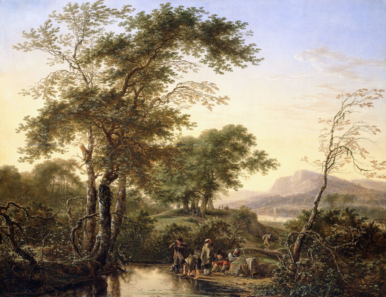 Un extenso paisaje fluvial italianizante con viajeros junto a un estanque, 1646 de Herman the Younger Saftleven