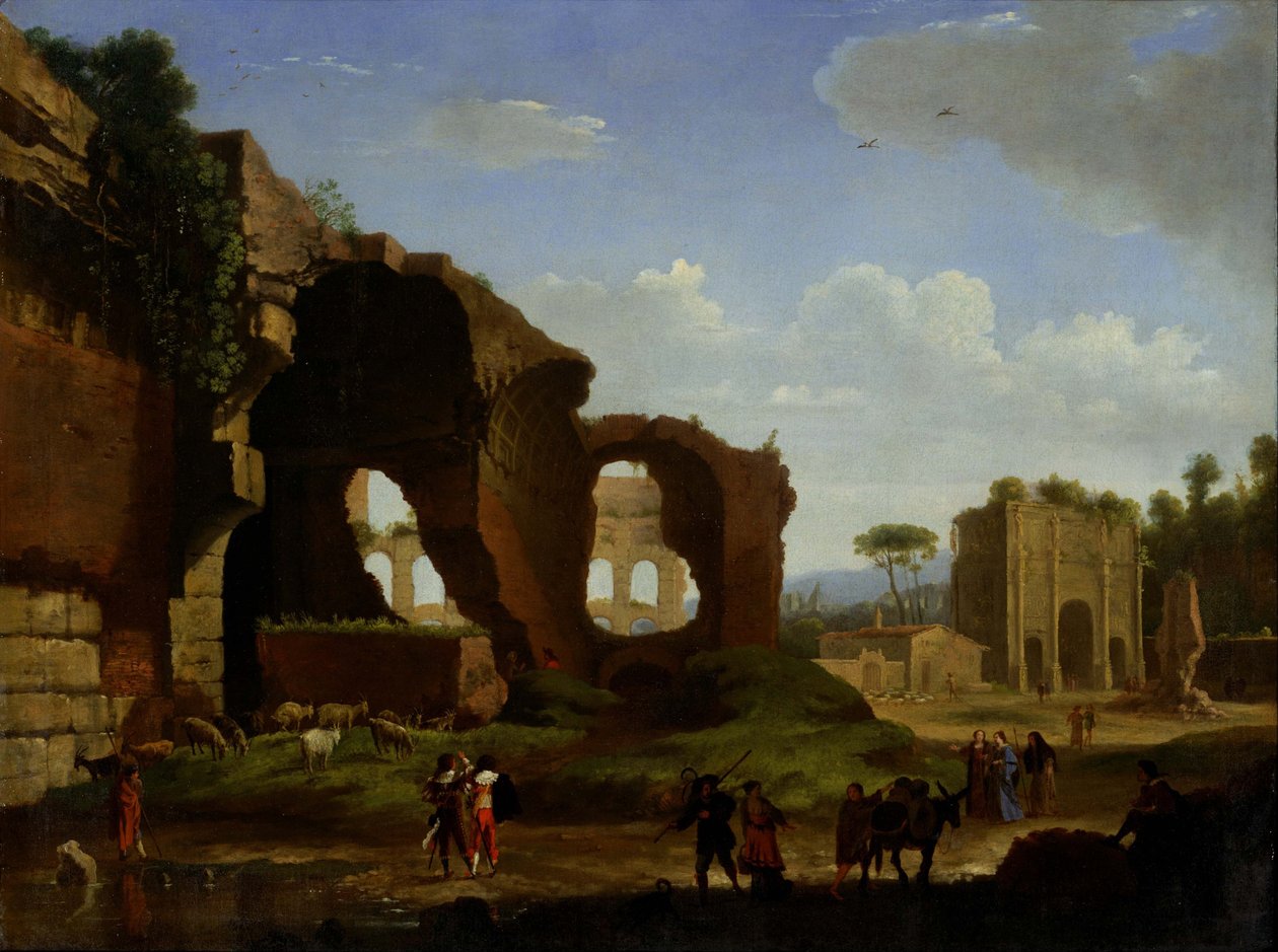 Vista de Roma con Venus y el templo romano y el Arco de Triunfo de Constantino. de Herman van Swanevelt