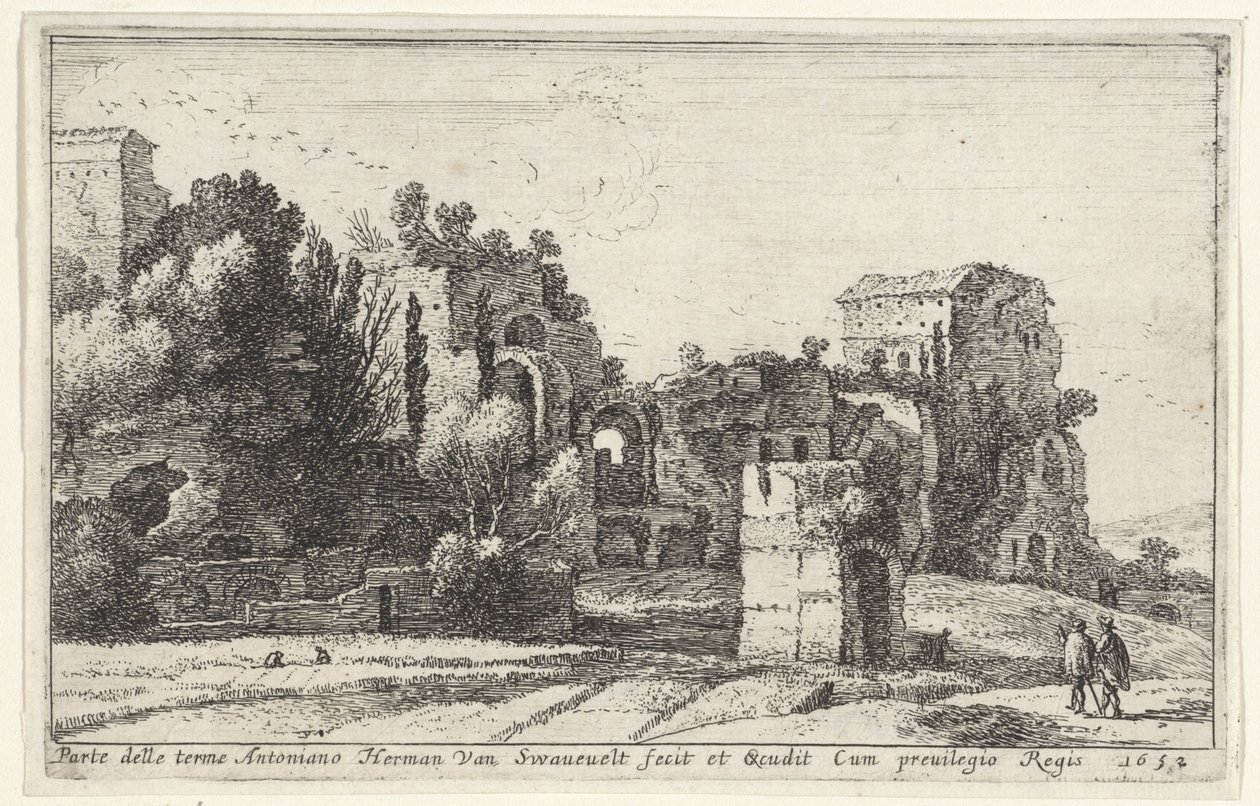 Vista de las Termas de Caracalla Parte delle terme Antoniano (título sobre objeto) Portada y doce vistas de Roma y sus alrededores (título de la serie) Diverse veuës dedans et dehors de Rome (título de la serie) de Herman van Swanevelt