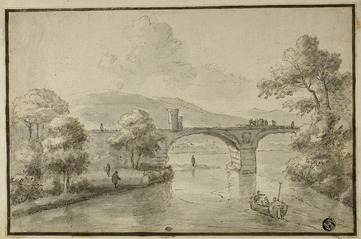 Río con puente arqueado y bote de Herman van Swanevelt