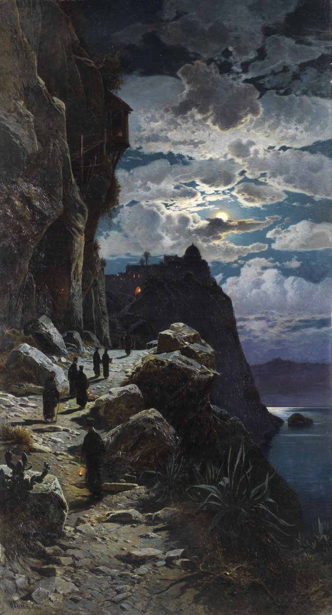 Monjes caminando hacia el monasterio del Monte Athos de Hermann David Salomon Corrodi