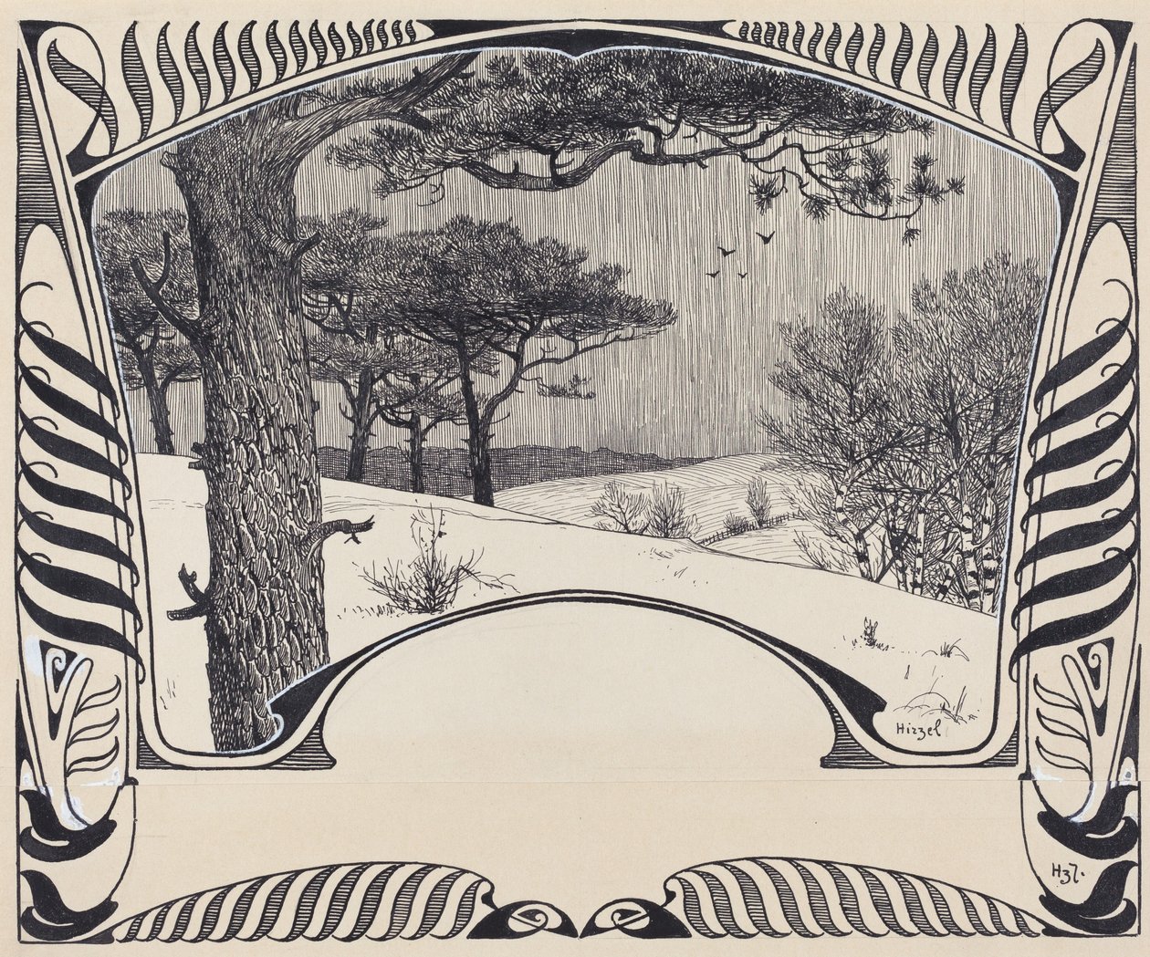 Un Paisaje Invernal Dentro de un Borde Jugendstil de Hermann Hirzel