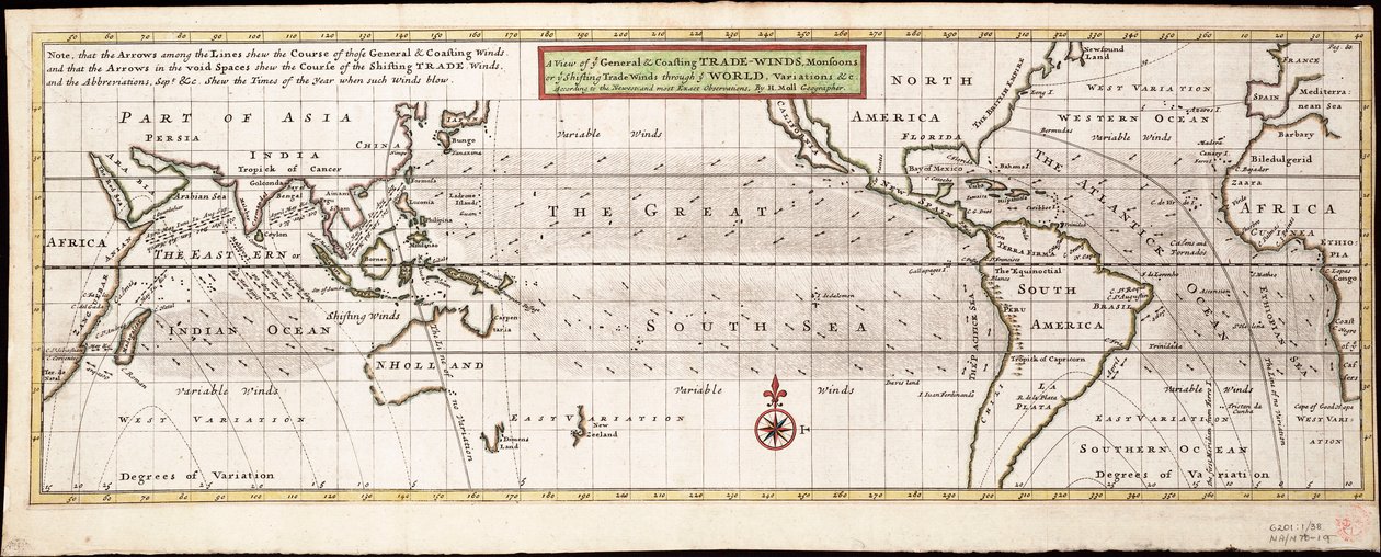 A view of ye general and coasting trade-winds, monsoons or ye shifting trade winds through ye world, variations... according to the newest and most exact observations, c.1715 (grabado coloreado) de Hermann Moll