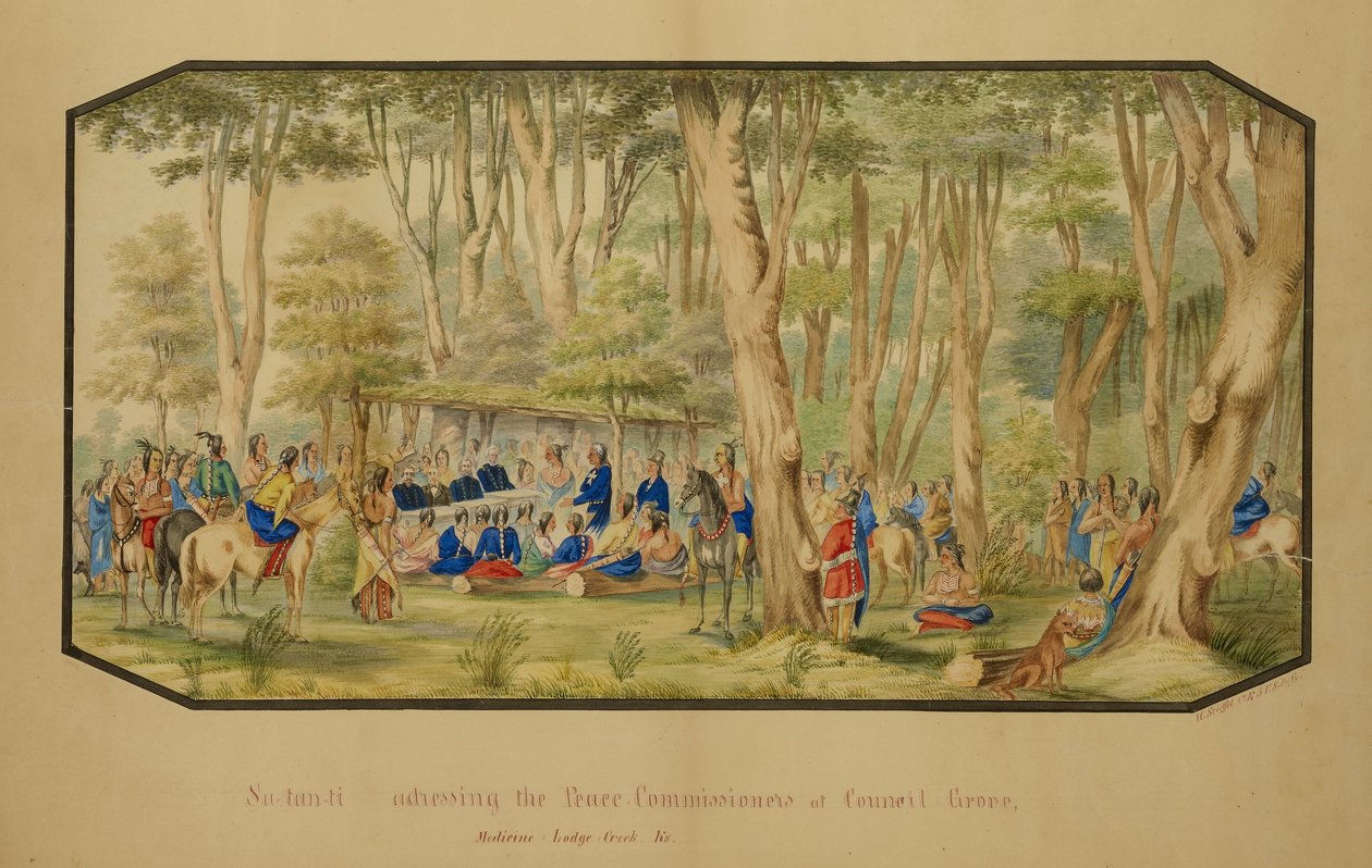Sa-tan-ti se dirige a los comisionados de paz en Council Grove, Medicine Lodge Creek de Hermann Stieffel