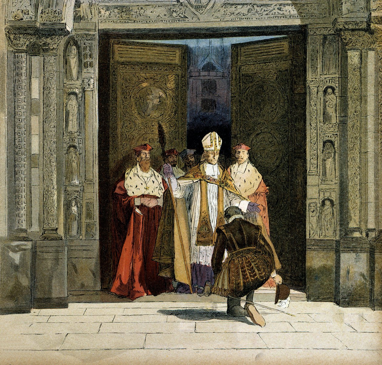 Abjuración de Enrique IV (1553-1610) en la abadía de Saint Denis en presencia del arzobispo de Bourges, Renaud de Beaune (1527-1606). El rey abjuró del protestantismo el 25 de julio de 1593. Ilustración de Hermann Vogel (1856-1918) en “Henri IV” de Hermann Vogel