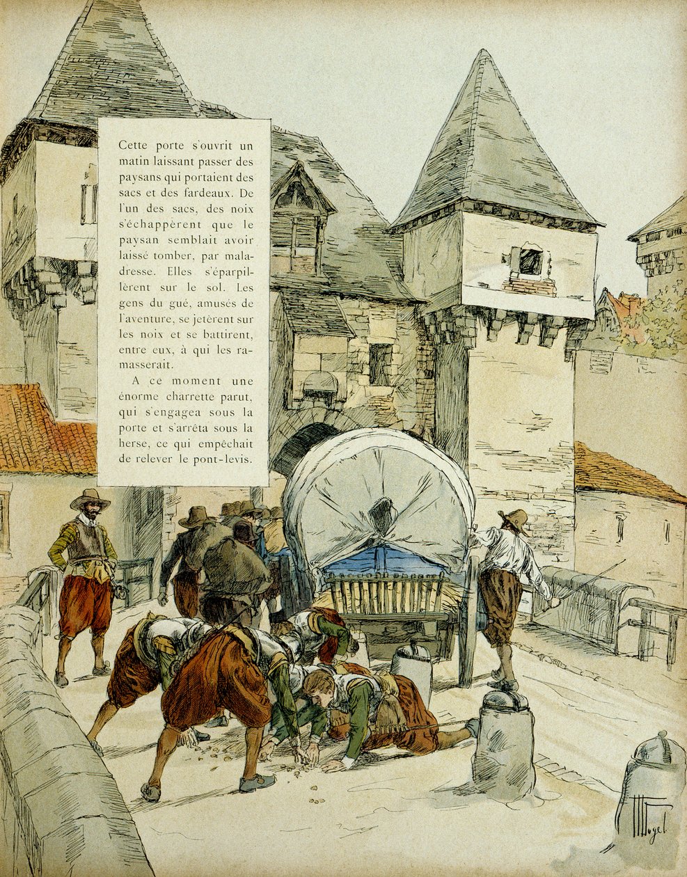 Sorpresa en Amiens. Los españoles usaron un truco para tomar la ciudad de Amiens, 11 de marzo de 1597, bloqueando la rastra con un carro. Ilustración, 1907, de Hermann Vogel de Hermann Vogel