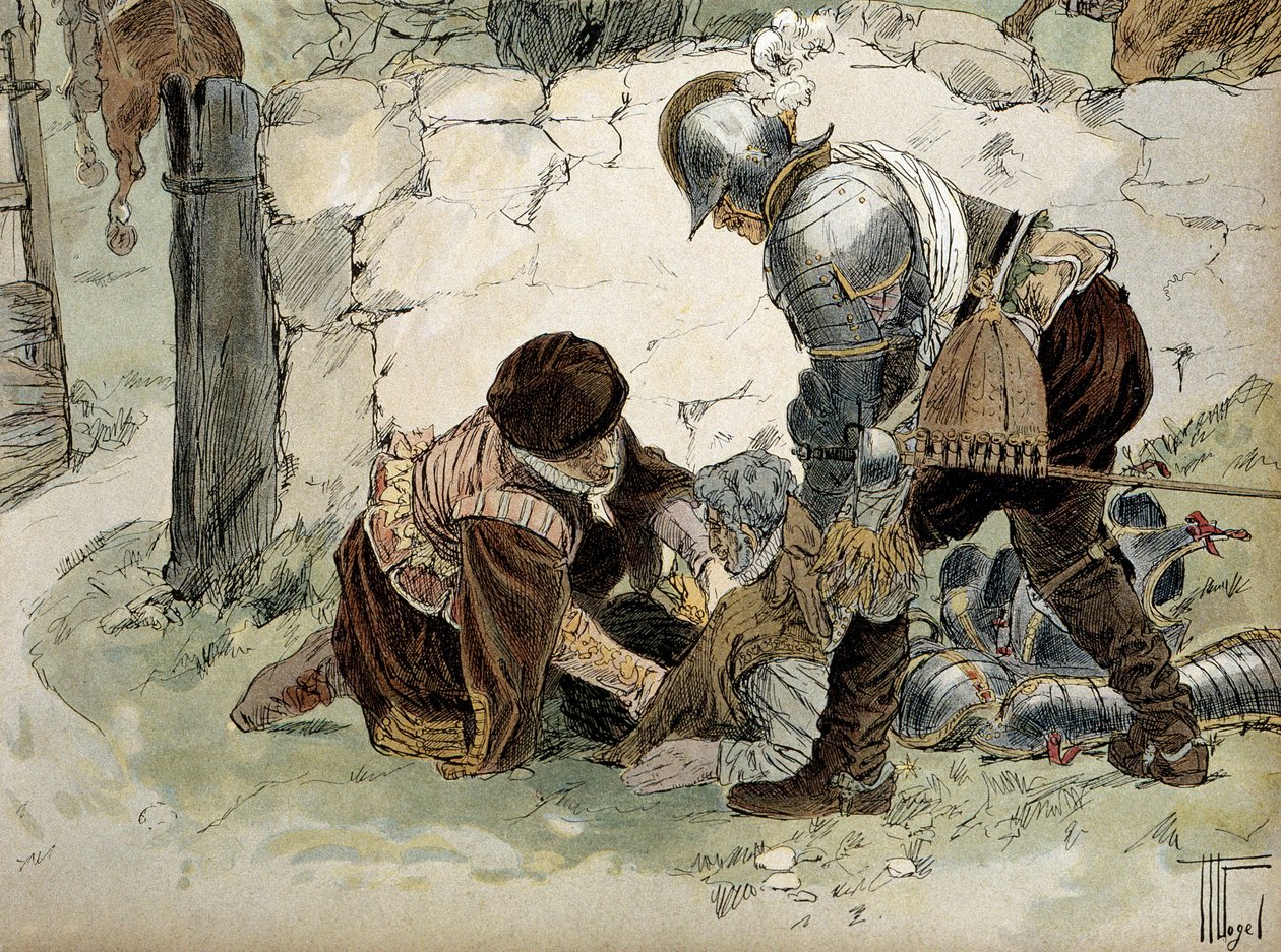 Enrique IV (1553-1610) herido durante un reconocimiento en Aumale contra el ejército de Mayenne. Ilustración de Hermann Vogel (1856-1918) en “Henri IV” de Hermann Vogel
