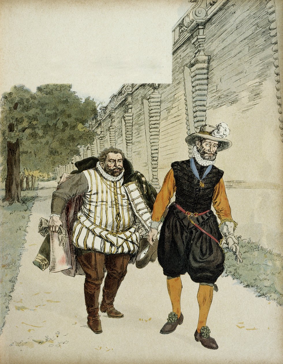 Enrique IV (1553-1610) y Carlos de Lorena, Duque de Mayenne (1554-1611). Primera entrevista reconciliatoria entre los dos enemigos, Mayenne, líder de los ligueros y el rey, en los jardines del Castillo de Montceaux, en la Brie, en 1596. Ilustración de Hermann Vogel
