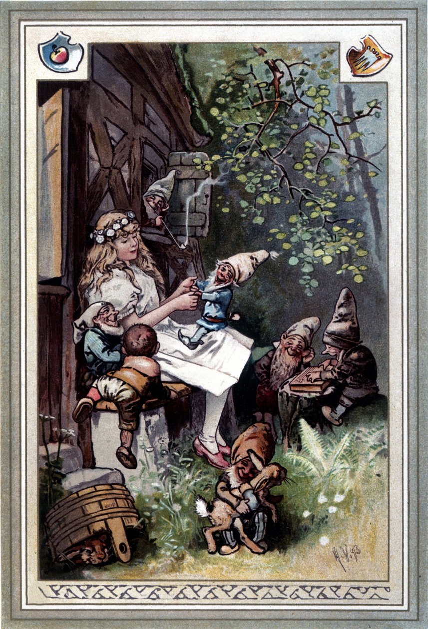 Kinder und hausmarchen (Cuento de la infancia y del hogar) (1812): las fábulas de los hermanos Grimm. Portada de Hermann Vogel 1894 representando Blancanieves y los siete enanitos. de Hermann Vogel