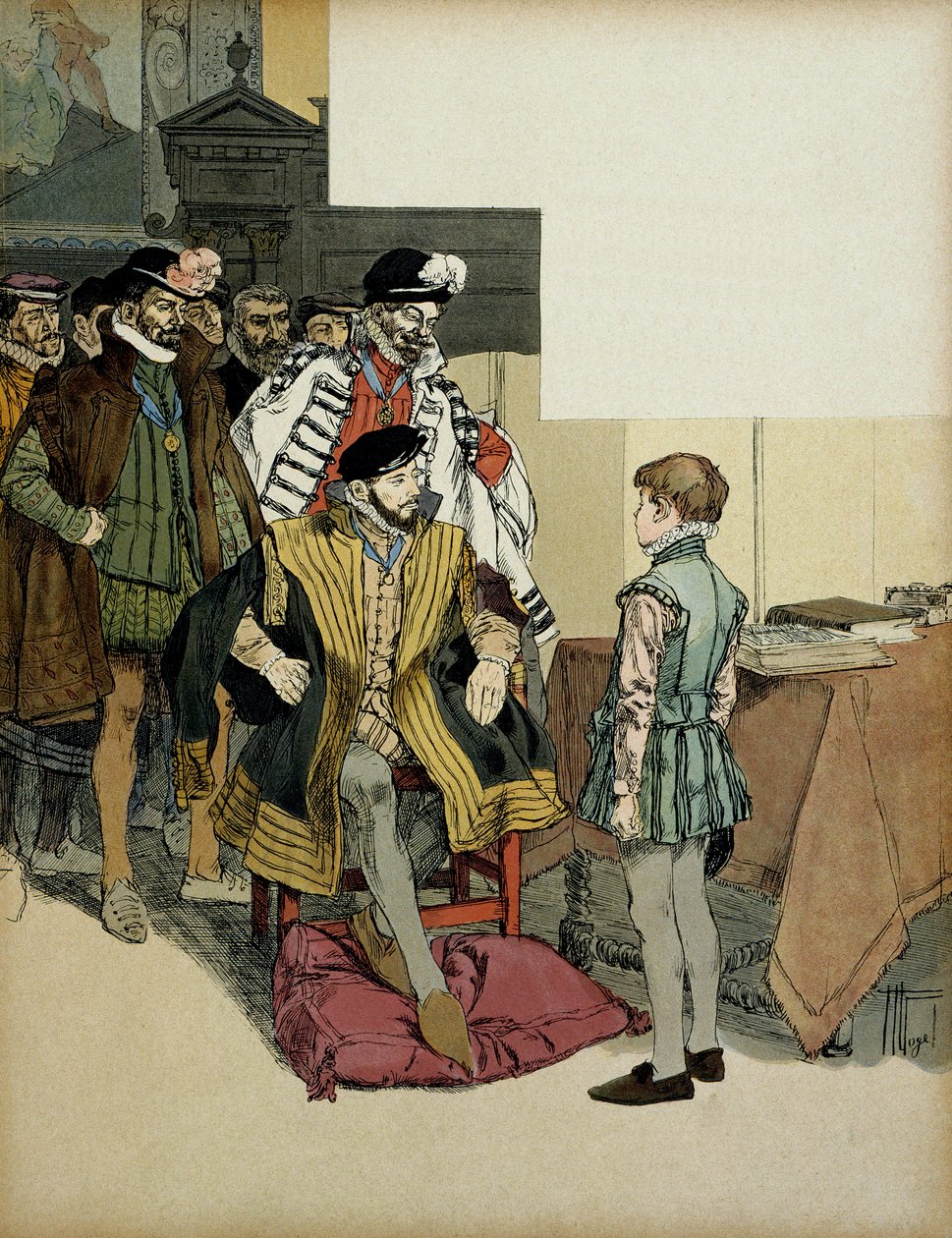 El Rey de Francia Enrique II (1519-1559) rodeado de sus caballeros gusta de interrogar a Enrique IV (1553-1610) de niño por sus respuestas. Ilustración de Hermann Vogel (1856-1918) en “Henri IV” de Hermann Vogel
