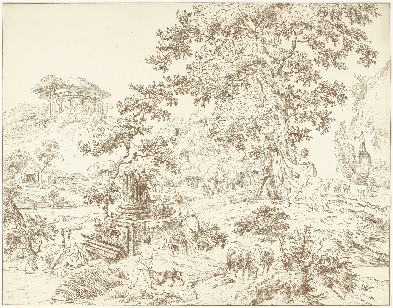Paisaje arcádico con mujer jugando al fútbol de Hermanus Fock