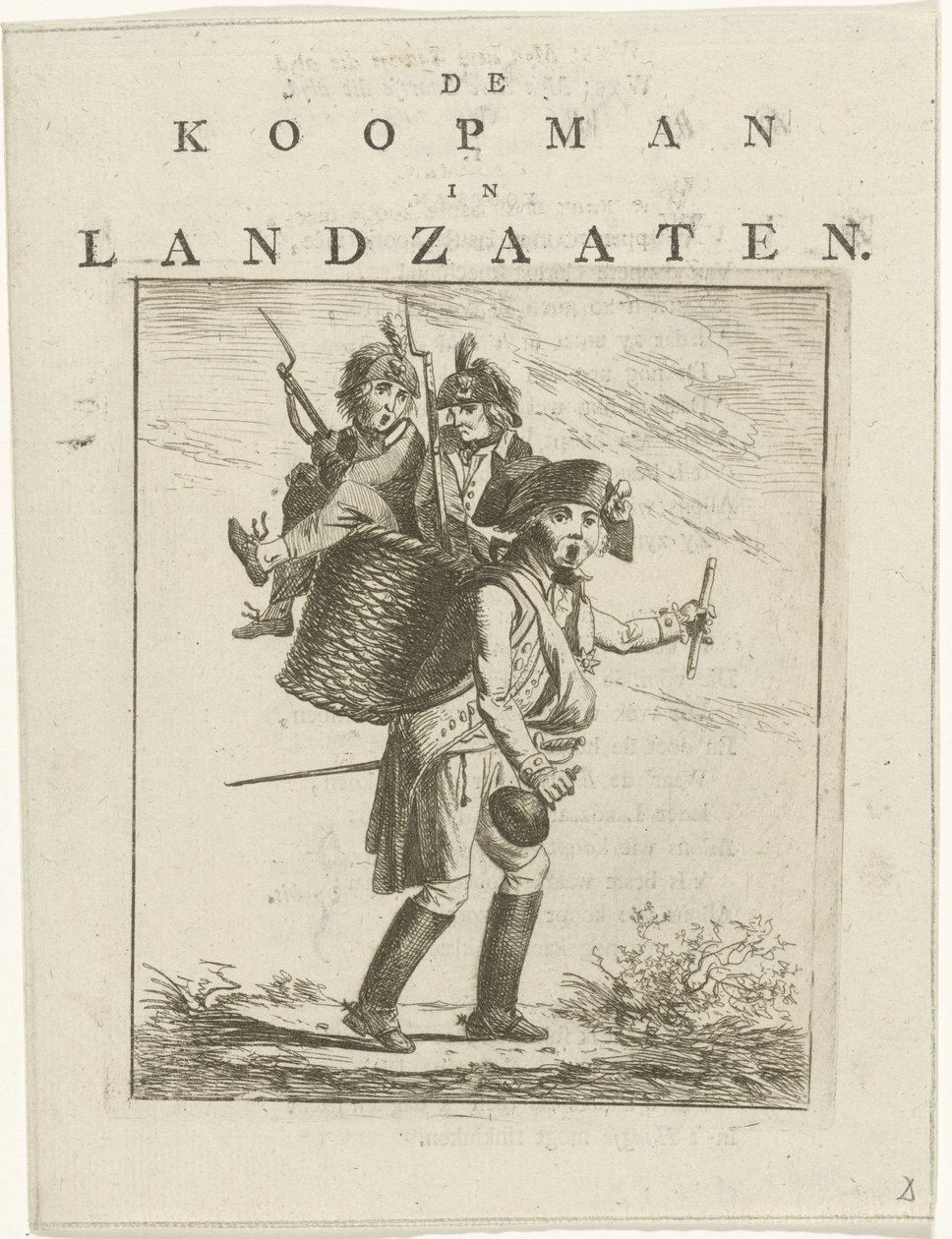 Hoja de canción y caricatura con soldados. Caricatura sobre Willem V El comerciante en Landzaaten (título sobre objeto) de Hermanus Fock