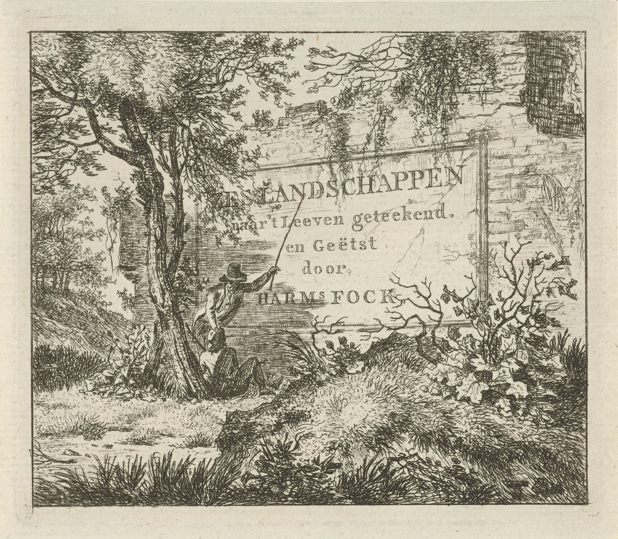 Dos hombres por una pared Seis paisajes (título de la serie sobre el objeto) de Hermanus Fock