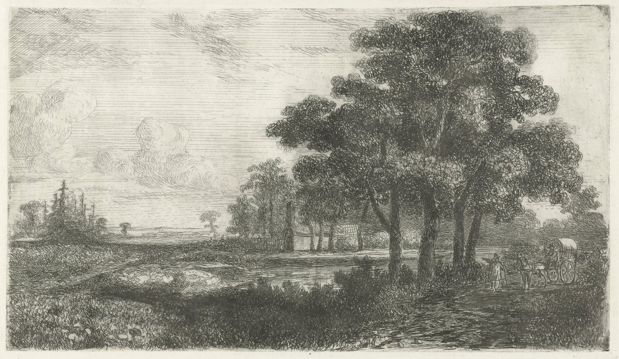 Paisaje arbolado con carreta cubierta de Hermanus Jan Hendrik van Rijkelijkhuysen